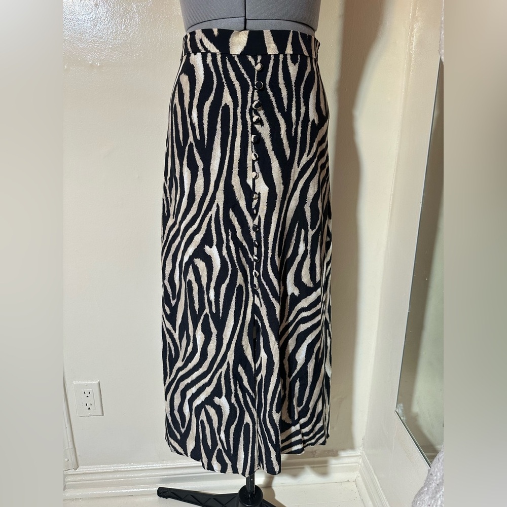 MNG Suit Zebra Print Midi Skirt Black White Viscose Button Front XS